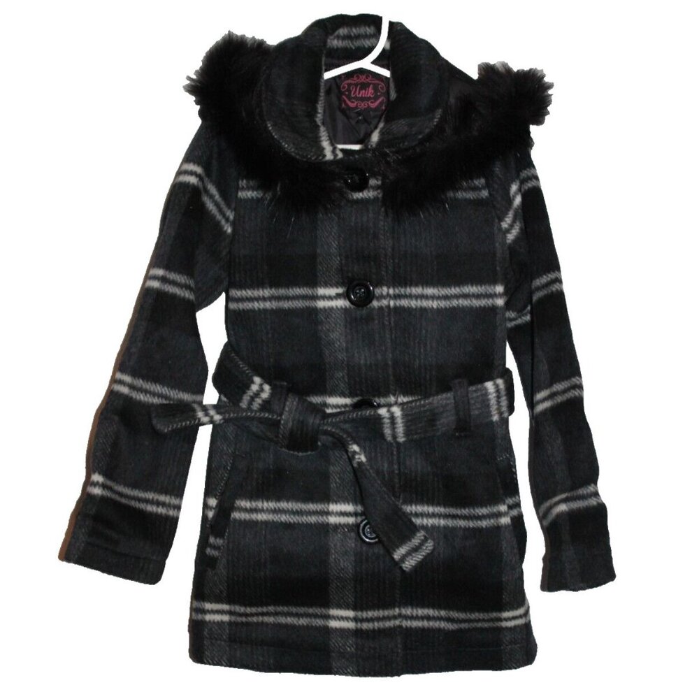 Little Girls Unik Jacket Coat Peacoat Medium 7-8 Black White Plaid Faux Fur NEW